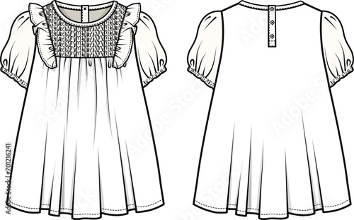 KID GIRLS WEAR DRESS WITH FRILLS FRONT AND BACK FLAT DESIGN VECTOR ILLUSTRATION