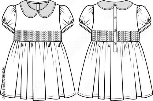 KID GIRLS WEAR DRESS WITH PETER PAN COLLAR FRONT AND BACK FLAT DESIGN VECTOR ILLUSTRATION