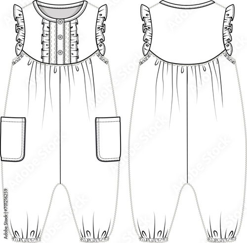 KID GIRLS WEAR JUMPSUIT WITH FRILLS AND POCKETS FRONT AND BACK FLAT DESIGN VECTOR ILLUSTRATION