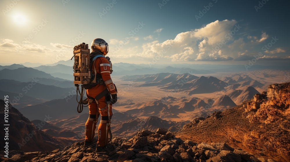 an astronaut in front of Mars.