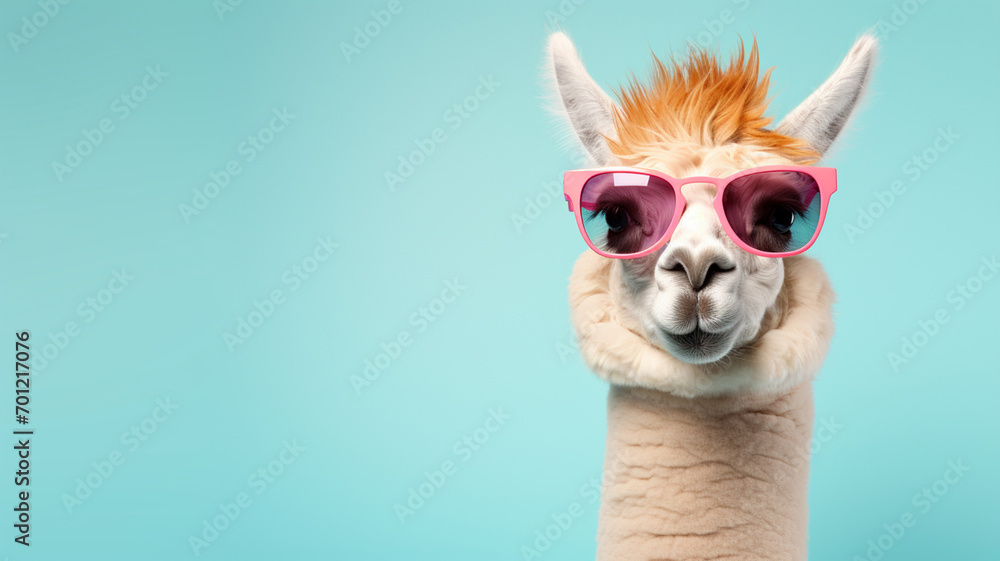 Portrait of stylish lama wearing sunglasses