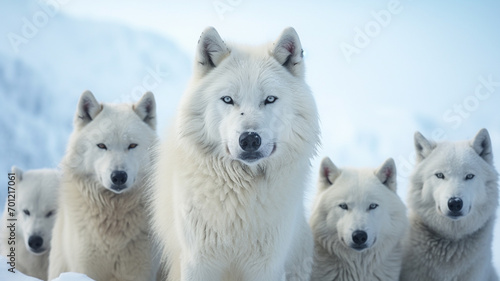 a family of wolves on a snowy tundra photo