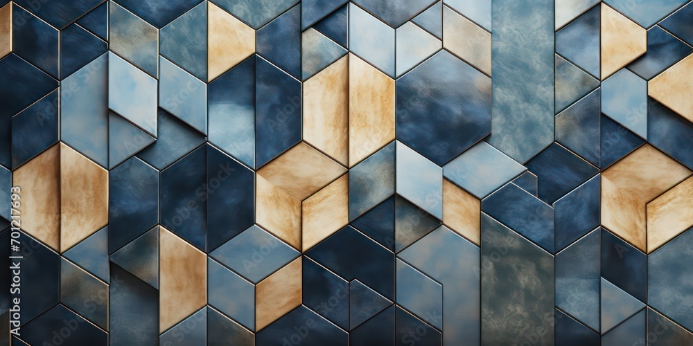 Geometric background featuring an intricate wall edging pattern. It draws inspiration from glazed surfaces and boasts a rustic texture, with a color palette ranging from cream to dark blue. - obrazy, fototapety, plakaty 