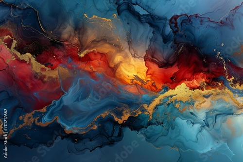Captivating Liquid Ink Artwork: Natural Luxury Abstract Fluid Painting with Teal, Burgundy, and Coral Palette. Tender and Dreamy Wallpaper with Transparent Waves and Golden Swirls. 