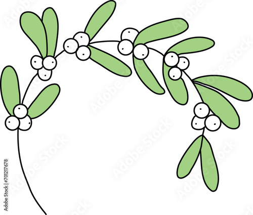 Mistletoe is drawn with simple lines, Beautiful mistletoe green leaves. decorate cards for Christmas New Year.consisting of mistletoe leaves and white berries.