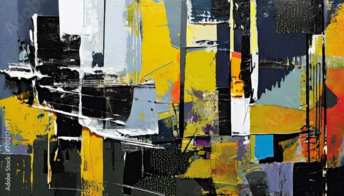 Abstract artwork combines acrylic paint with collage elements