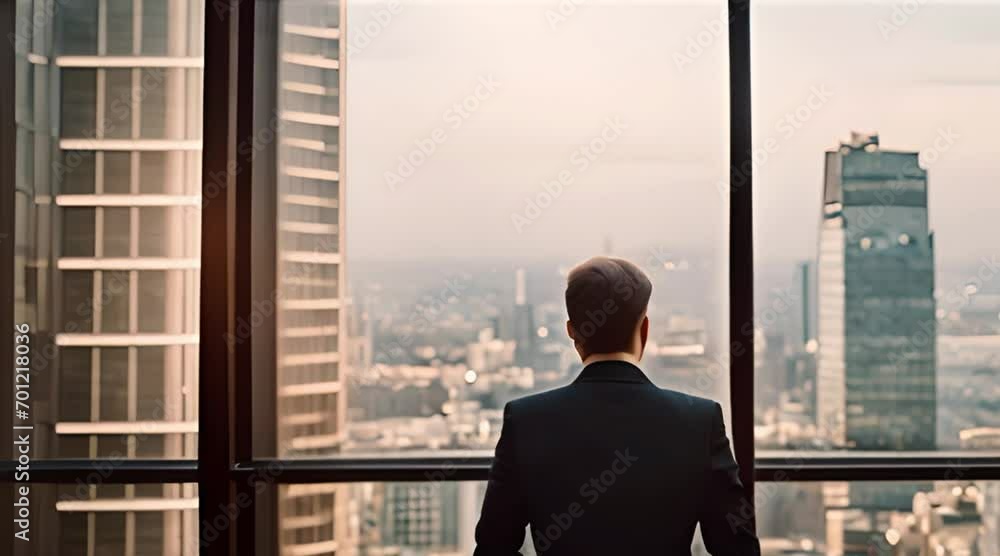 A view of a businessman looking through a glass window from the building A view of a businessman looking through a glass window from the building