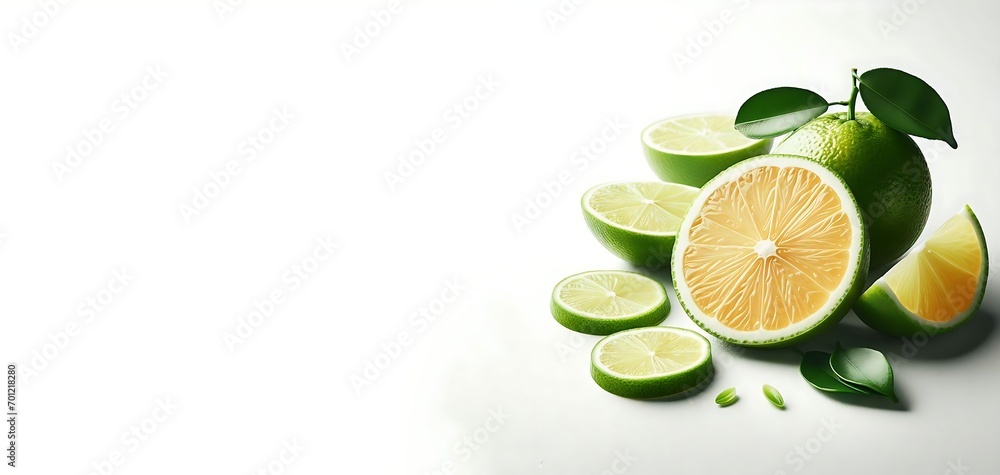 Lime fruits with green leaf and cut in half slice isolated on white background top view flat lay with copy space