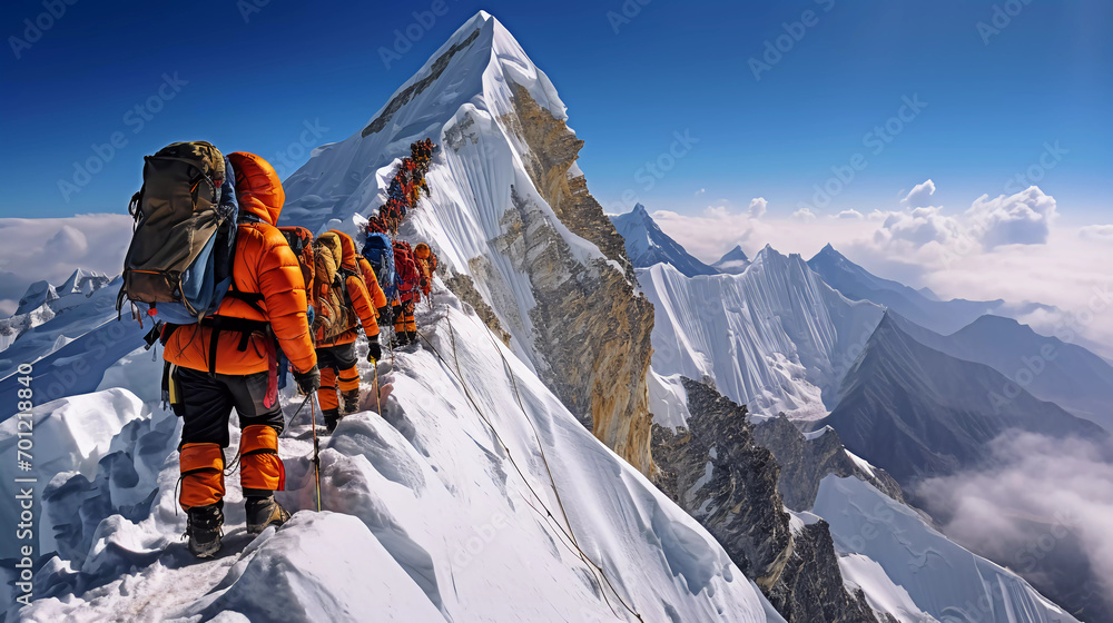 a group of people on the way to the peak of mount everest with full equipment  - obrazy, fototapety, plakaty 