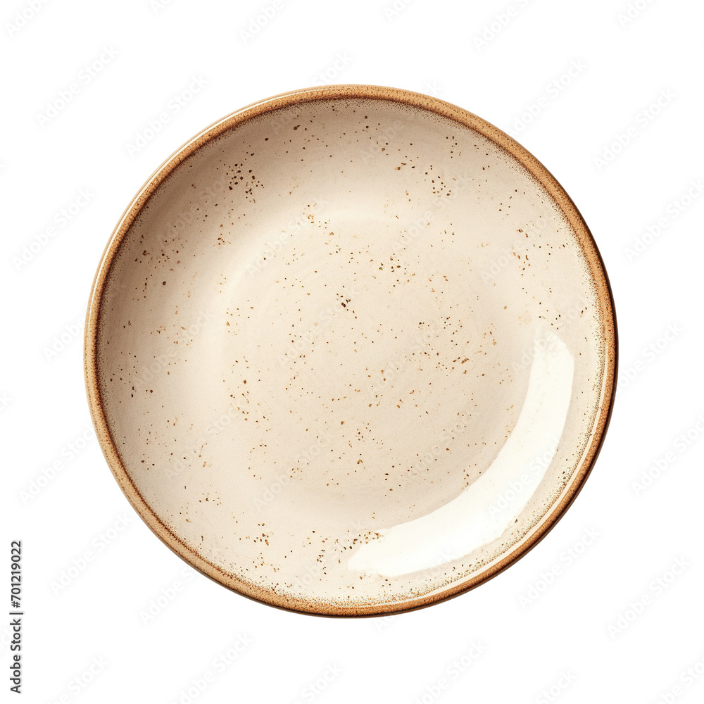 Empty beige stoneware dinner plate, side view isolated on white background Empty beige stoneware dinner plate, side view isolated on white background