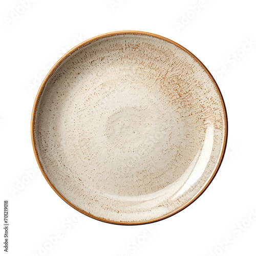 Empty beige stoneware dinner plate, side view isolated on white background
