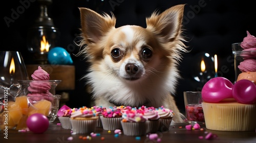 chihuahua dog with birthday cake. photo