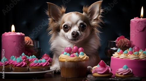 chihuahua dog with birthday cake. photo