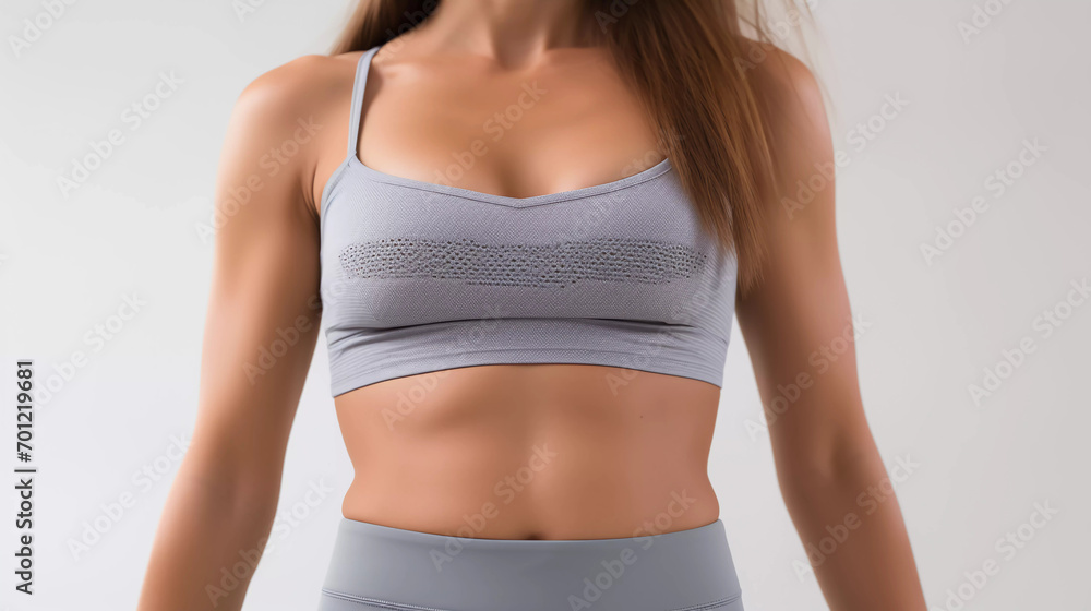Close up unrecognizable fit woman's body with fitenss clothes isolated on white background. Torso of slim woman with flat stomach. Wellness and sport concept. Copy space for text 