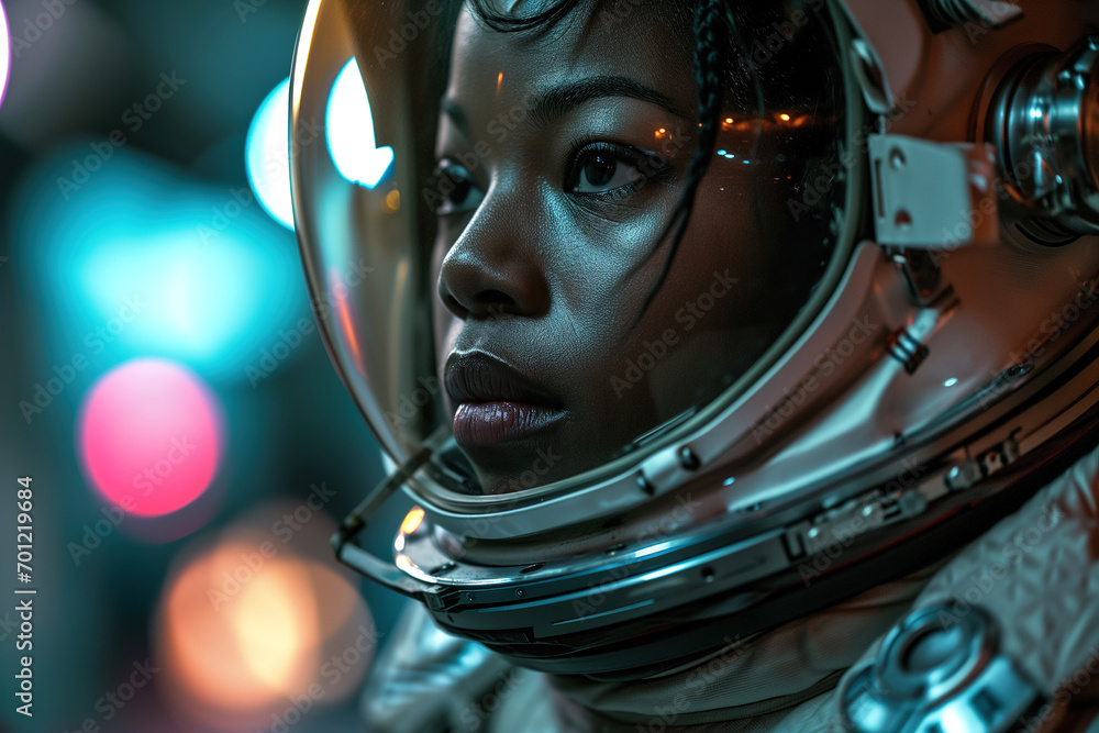African American woman astronaut. Side view portrait of an adult woman in a spacesuit looking away African American woman astronaut. Side view portrait of an adult woman in a spacesuit looking away