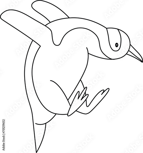 Cute cartoon penguin with doodle simple lines, the penguin standing, running, jumping, sliding, and striking various poses. The cartoon penguin in the icy world joyful.