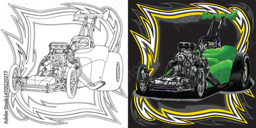 Outline and painted racing car. Isolated in black background, for t-shirt design, print, and for business purposes.
