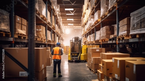 Unrecognizable people working in store warehouses checking stock full of cardboard boxes on shelves, foreman workers teamwork wearing hard hats standing in storage cargo or factory with safety vest