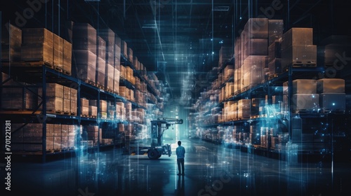 Double exposure online logistic shipping technology against warehouse full of many products in cardboard boxes on shelves indoors night light, digital marketing business cyberspace large storehouse