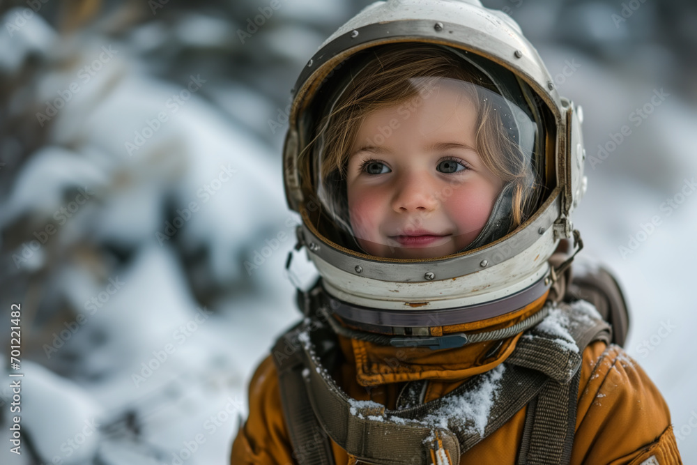 Smiling cute child astronaut, girl in spacesuit and helmet standing outdoors in winter Smiling cute child astronaut, girl in spacesuit and helmet standing outdoors in winter