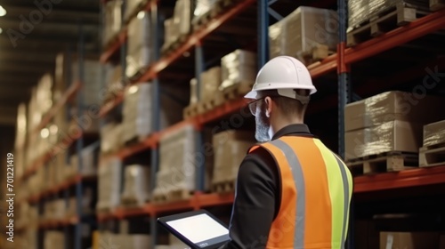 Medium shot, worker male inspection holding tablet, group of laborers lifting box by forklift, people wearing safety hard hat and vest working in warehouse full of cardboard boxes on shelves in cargo