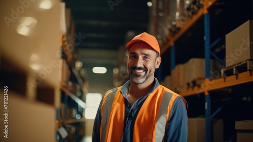 Businessman, labor, worker, supervisor, foreman people wearing safety hard hat and vest working in warehouse full of cardboard boxes on shelves, logistic cargo manufacturing occupation for man photo