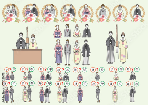 成人式、初詣の着物の若者のイラストセット