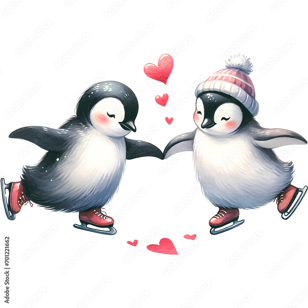 Fototapeta premium Two penguins on ice skates in love Valentine's Day themes