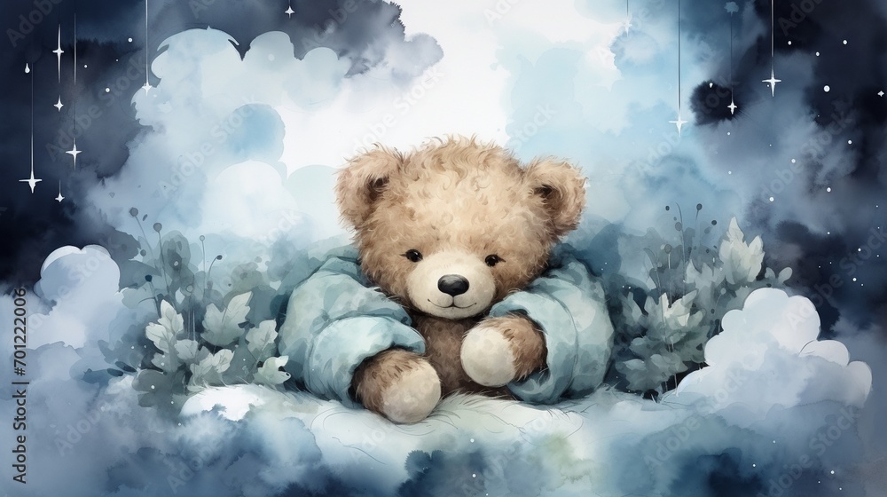 cute baby teddy bear sleeping on the cloud painted in watercolor on a white isolated background. cute baby teddy bear sleeping on the cloud painted in watercolor on a white isolated background.