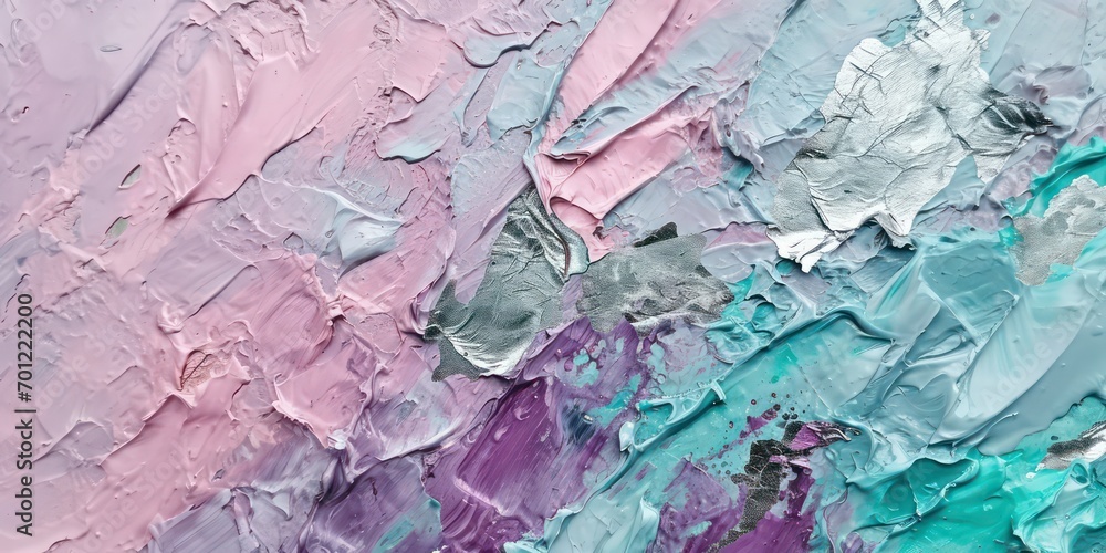 Fototapeta premium Silver oil paint texture in pastel violet, pink and mint colors with scratches.