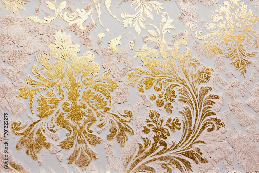 Background with a textured damask pattern in, pastel pink and metallic gold, wallpaper, shabby chic