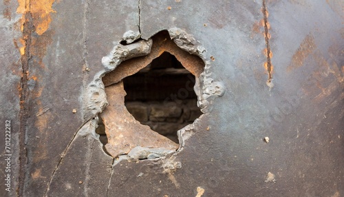 hole in the metal, A hole in the side of a rusted metal wall, an abstract sculpture featured on unsplash,