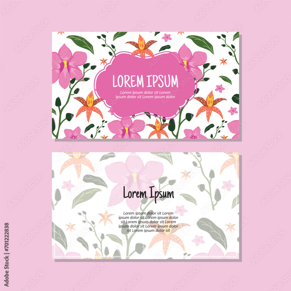 Business card template, orchid flower and leaves seamless pattern vector design. Double-sided creative business card template. Landscape orientation. Vector illustration.