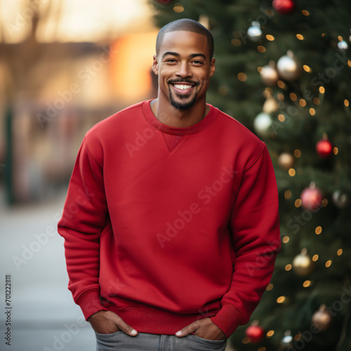 Handsome Africans Americans man wearing a red blank crewneck sweatshirt. mock up style photo. background outside at charismas time