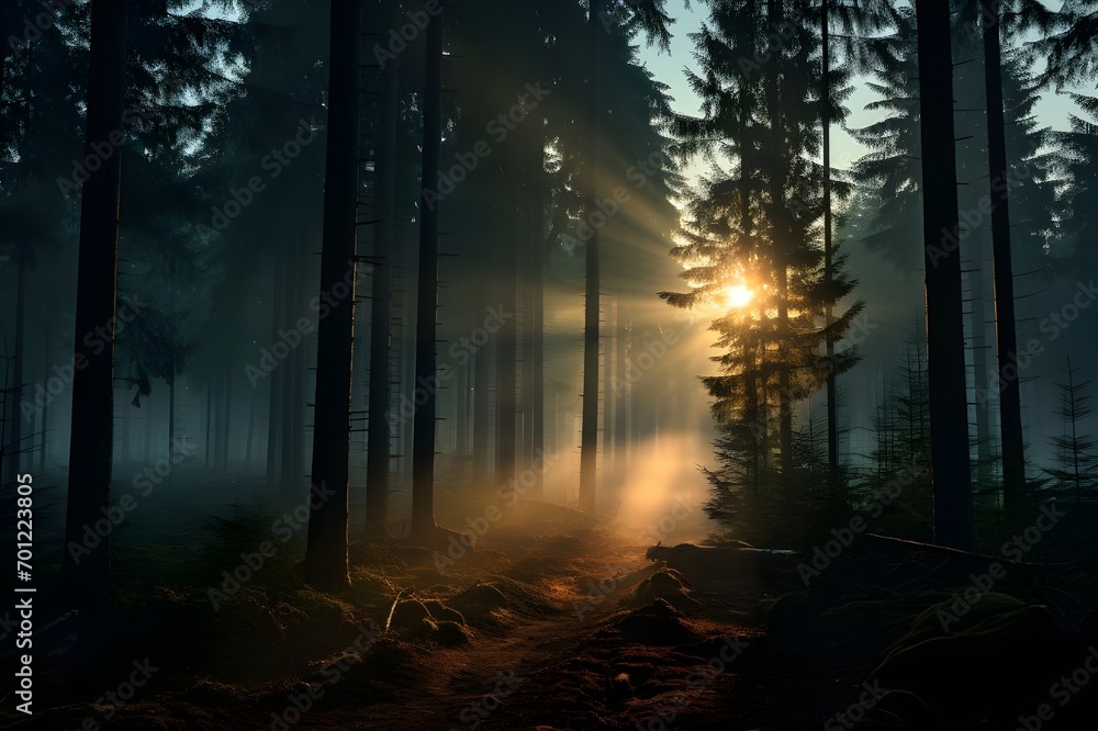 Fototapeta premium Mysterious foggy forest scenery