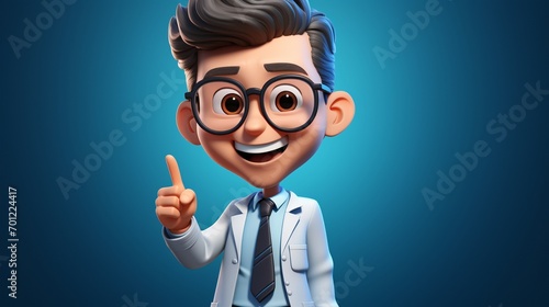 Full body cartoon character, cute caucasian man doctor wears glasses and white coat, shows right direction with finger. Medical clip art isolated on blue background. Health care assistant. photo