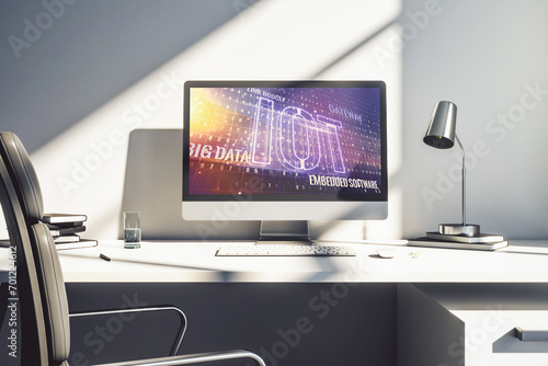 Modern computer monitor with creative IOT hologram, research and development concept. 3D Rendering
