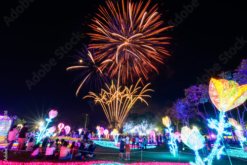 Chiang Mai fireworks display countdown celebration at Chaloem Phrakiat Park, Chiang Mai Province, Thailand. photo