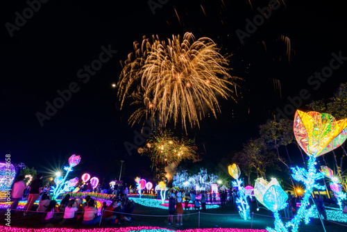 Chiang Mai fireworks display countdown celebration at Chaloem Phrakiat Park, Chiang Mai Province, Thailand. photo
