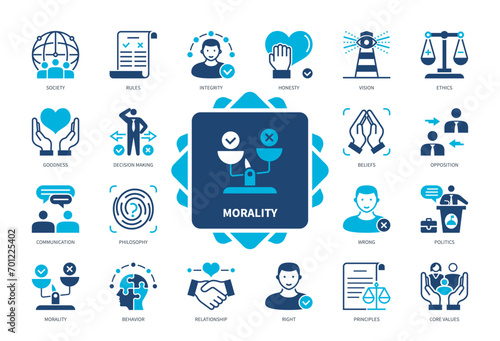 Morality icon set. Right, Ethics, Wrong, Behaviour, Philosophy, Society, Decision Making, Core Values. Duotone color solid icons photo