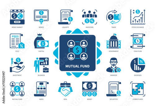 Mutual Fund icon set. Securities, Cash Flow, Money, Investment, Stock Exchange, Trade, Dividends, Index. Duotone color solid icons