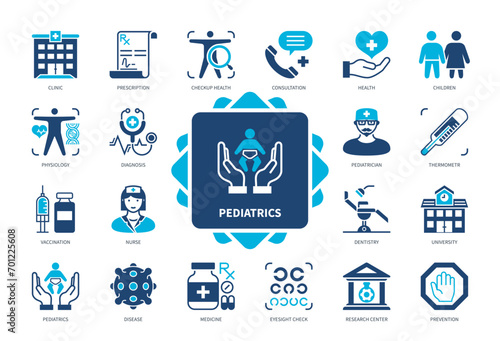 Pediatrics icon set. Children, Clinic, Pediatrician, Diagnostics, Medicine, Checkup Health, Prescription, Consultation. Duotone color solid icons