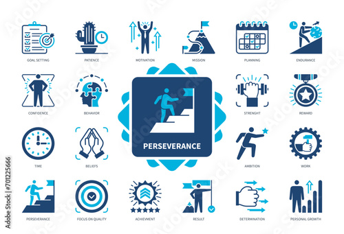 Perseverance icon set. Goal Setting, Planning, Focus on Target, Confidence, Patience, Endurance, Determination, Ambition. Duotone color solid icons