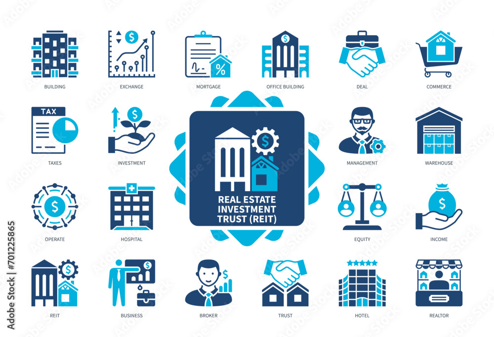 Real Estate Investment Trust REIT icon set. Office Building, Management, Investment, Trust, Broker, Equity, Exchange, Mortgage. Duotone color solid icons