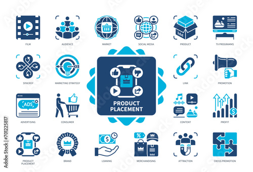 Product Placement icon set. Brand, Advertising, Links, Film, Audience, TV Programs, Cross Promotion, Synergy. Duotone color solid icons