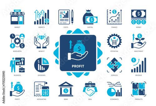 Profit icon set. Finance, Products, Investment, Market, Benefits, Economics, Revenue, Accounting. Duotone color solid icons