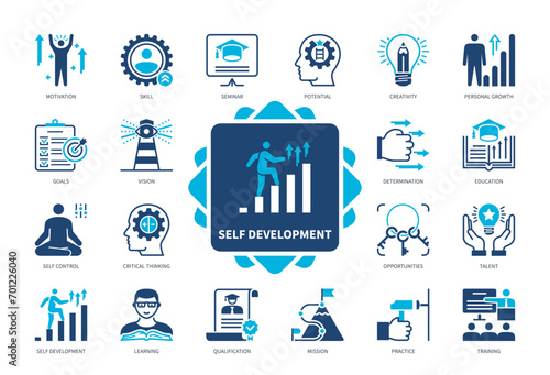 Self Development icon set. Goals, Motivation, Training, Learning, Skill, Personal Growth, Creativity, Critical Thinking. Duotone color solid icons