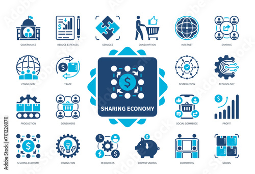 Sharing Economy icon set. Resources, Consumption, Crowdfunding, Innovations, Sharing, Reduce Expenses, Governance, Profit, Distribution. Duotone color solid icons