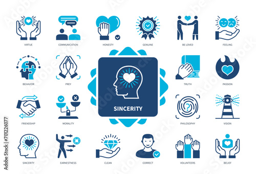 Sincerity icon set. Honesty, Feelings, Beliefs, Virtue, Communication, Morality, Be Loved, Truth. Duotone color solid icons