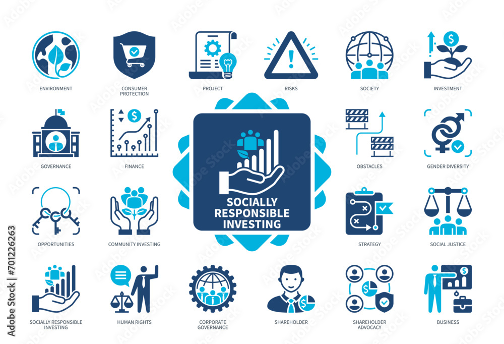 Socially Responsible Investing SRI icon set. Environment, Corporate Governance, Finance, Shareholder, Project, Gender Diversity, investment, Social Justice. Duotone color solid icons